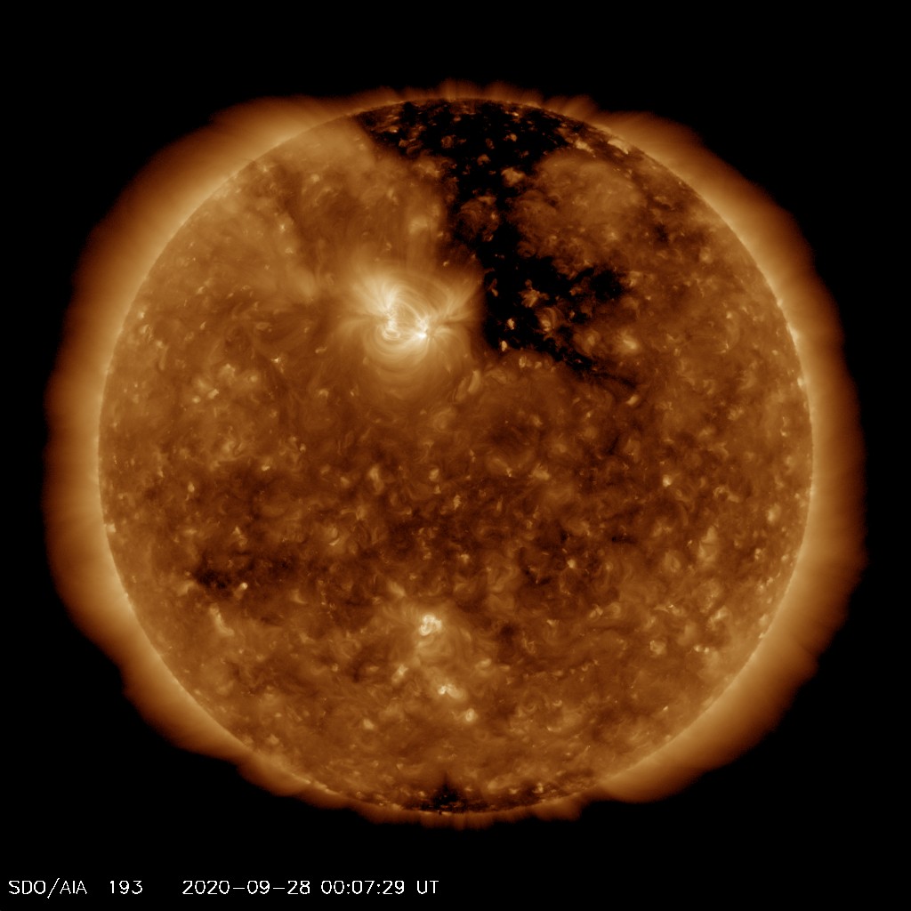 EUV image from SDO satellite showing the large southern extension of the northern polar coronal hole  responsible for the anticipated storm events (black area of the Sun). Image from SDO (NASA).