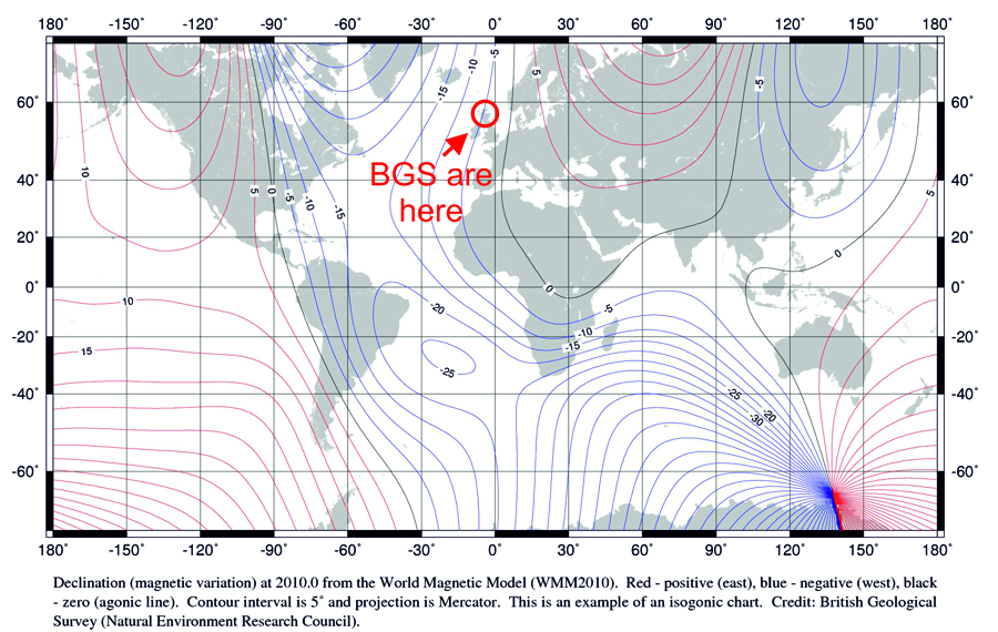 Using GPS coordinates of the phone location and a global map of declination angle the required correction angle for True North is calculated. Image: BGS (NERC)
