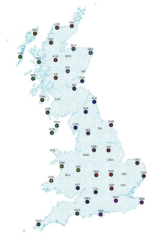 Map showing locations of all UK repeat stations
