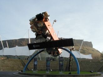 A full-scale model of ENVISAT on display outside the 'Our Dynamic Earth' geological exhibition in Edinburgh, Scotland in November 2001.