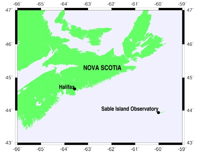 Map of Sable Island of the coast of Nova Scotia, Canada.