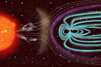 Illustration of th Sun-Earth connection showing a shock travelling toward the Earth with the solar wind. Image courtesy of SOHO (NASA/ESA)